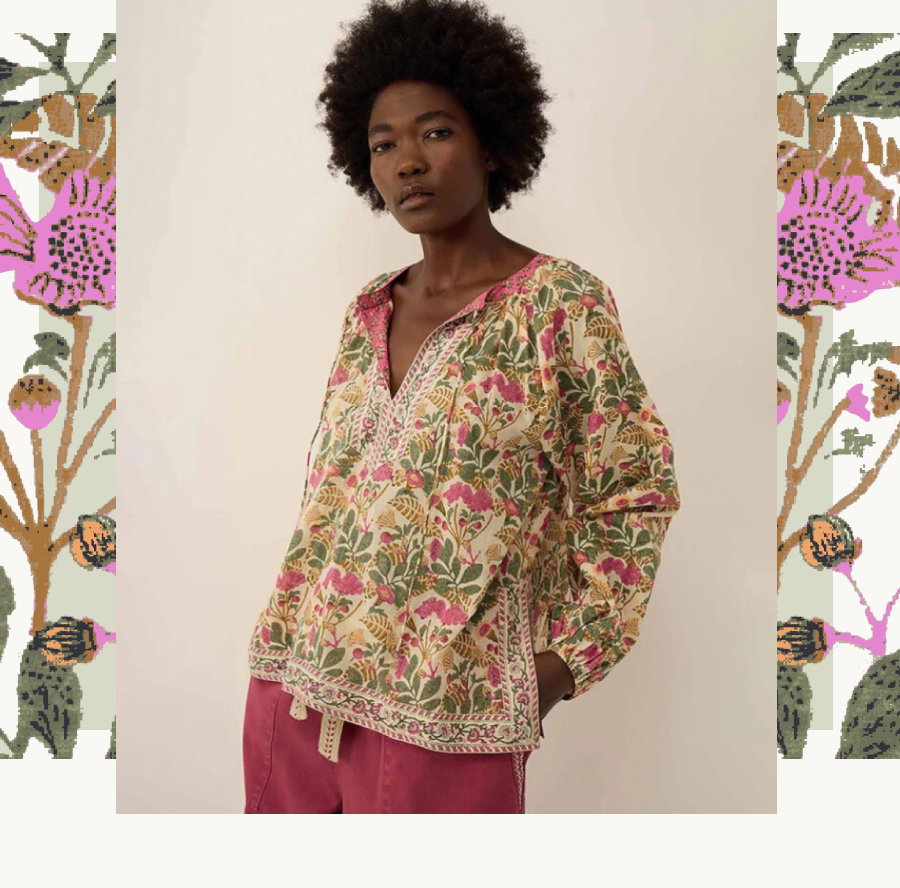 Aurelie hand-woodblock botanical print cotton top