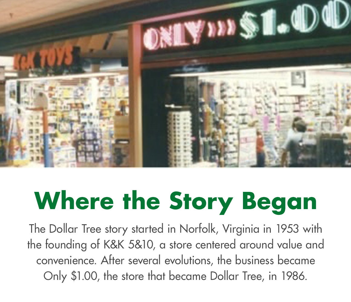 Where the Story Begins. The Dollar Tree story started in Norfolk, Virginia in 1953 with the founding of K&K 5&10, a store centered around value and convenience. After several evolutions, the business became Only $1.00, the store that became Dollar Tree, in 1986. Image of Only $1.00 store in a mall, next to K&K Toys.