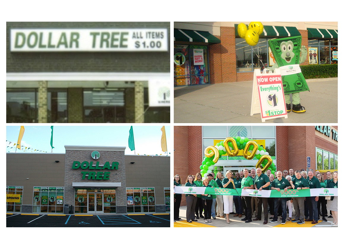 Four historical Dollar Tree images: a sign outside a store in the 1980s, a dollar bill character mascot ('Bucky') next to a Now Open sign outside a new Dollar Tree store in a shopping plaza in the 1990s, a standalone new Dollar Tree store with grand opening flags and signs in the 2010s, and the celebratory ribbon-cutting of the 9000th store with a crowd of people cheering outside the storefront.