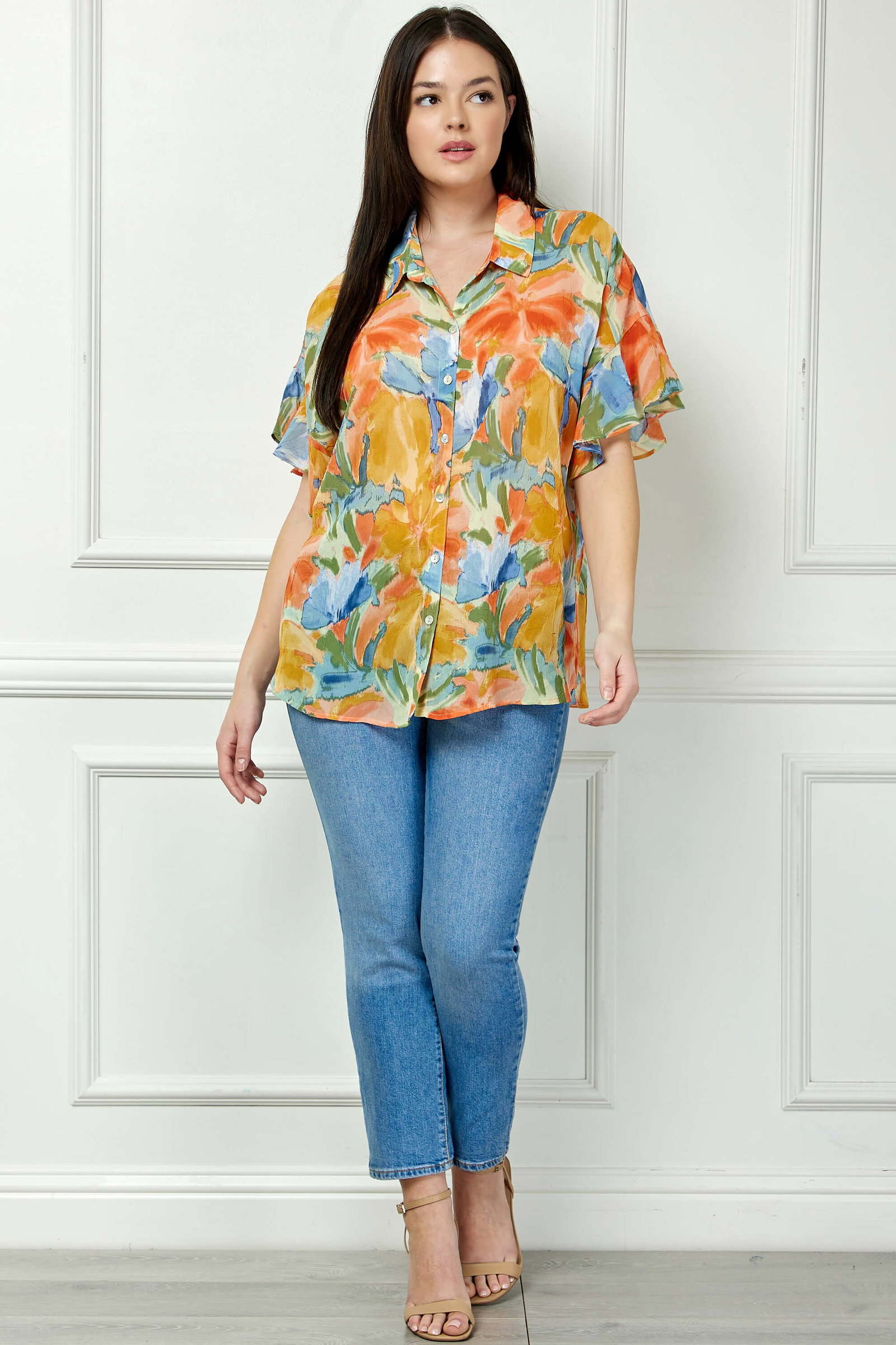 Image of Ruffle Sleeve Button-Front Blouse in Sage/Coral/Yellow - Plus