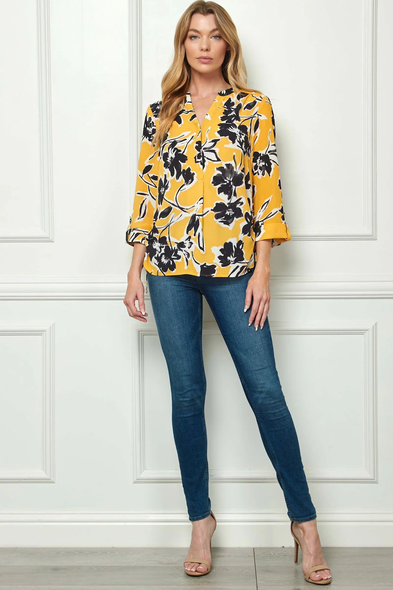 Image of 3/4 Tab Sleeve Mandarin Collar Blouse in Yellow/Ivory/Black