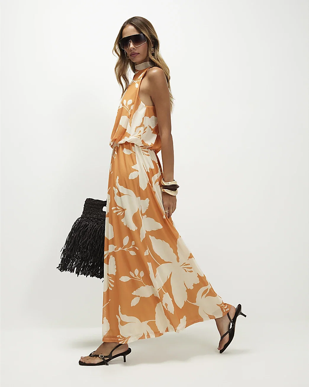 Womens Orange Floral Print Halter Neck Dress