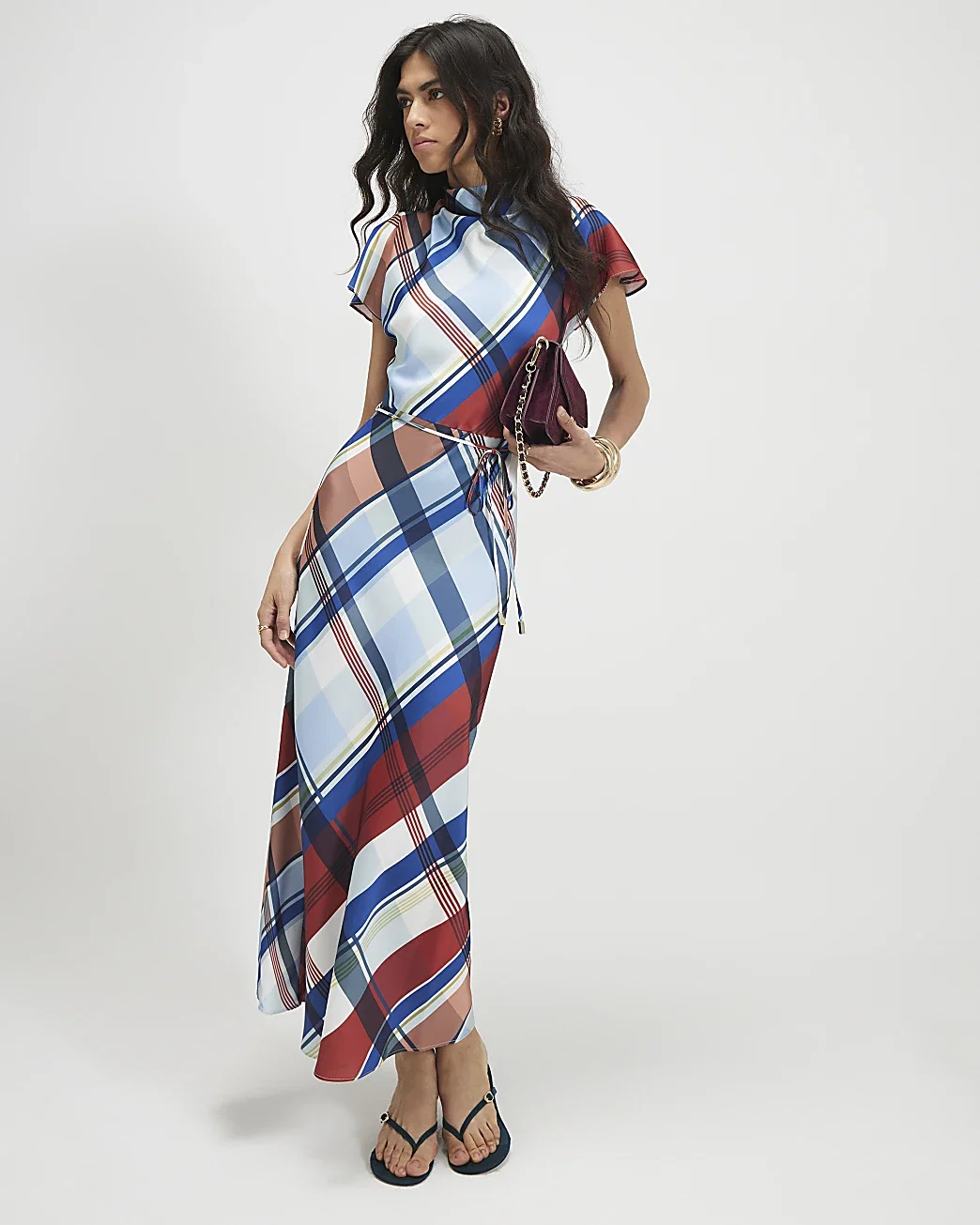 Womens Blue Satin Check Print Maxi Dress
