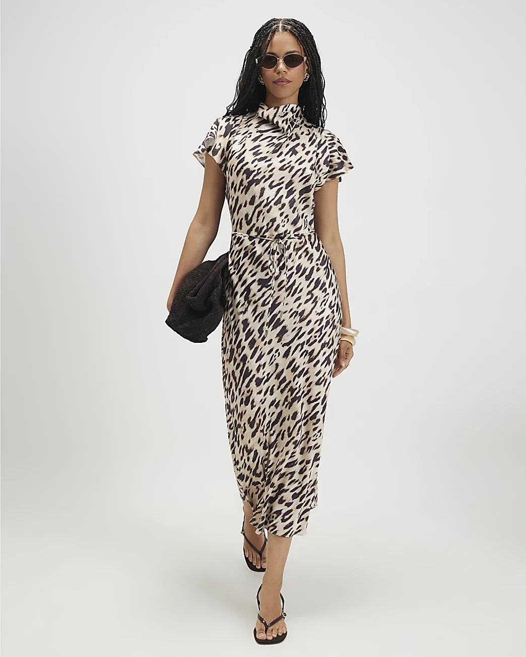 Womens Beige Satin Leopard Print Maxi Dress