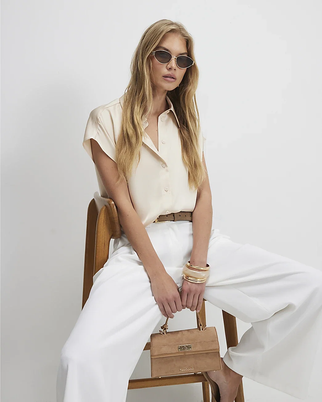Womens Cream Satin Short Sleeve Shirt