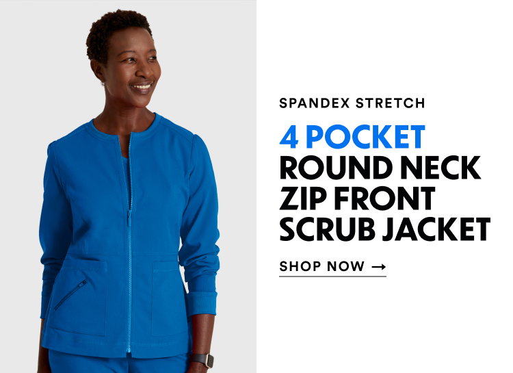 Spandex Stretch | 4 Pocket Round Neck Zip Front Scrub Jacket | Shop Now