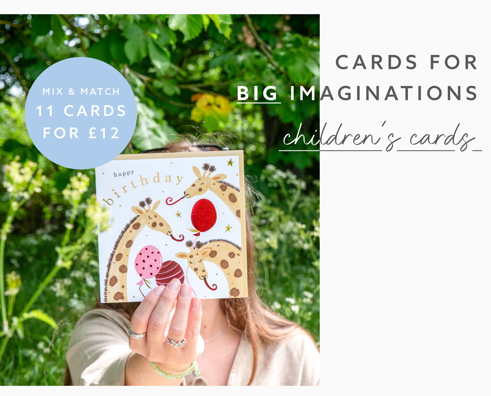 Children's birthday card featuring playful giraffes holding balloons. Explore our collection of children's greetings cards. 11 cards for £12.