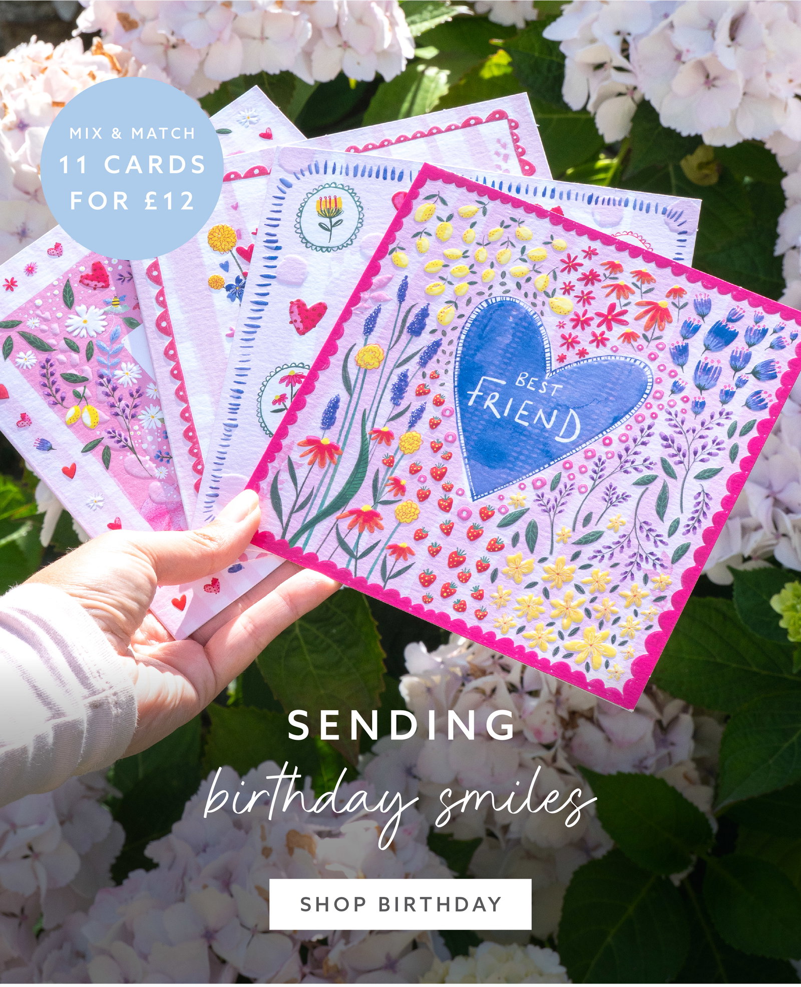 A selection of hand-painted birthday cards surrounded by summer flowers. Shop beautiful birthday cards. 11 cards for £12.