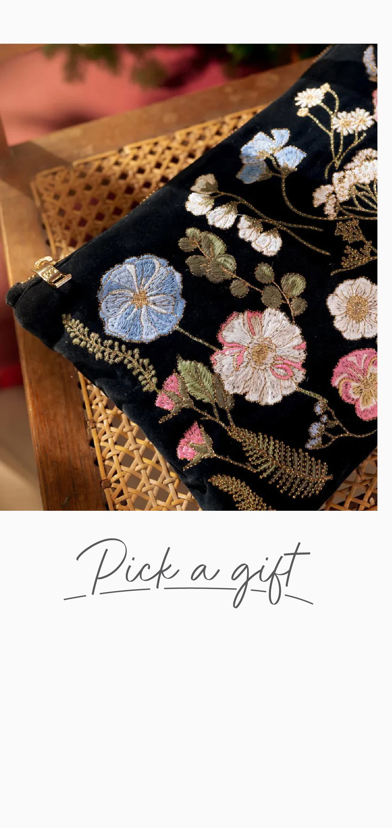 Colourful embroidered accessory pouches featuring coastal designs including a turtle, palm tree and sunshine. Discover thoughtful gifts to pair with your greetings cards.