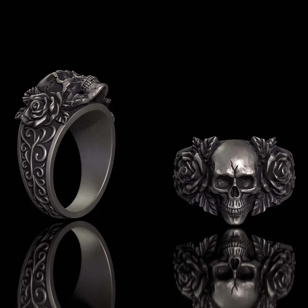Image of Gothic Vine Rose Skull Sterling Silver Ring