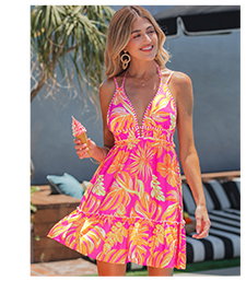 Tropical Print Cut Out V Neck Mini Dress