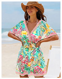 Tropical Print Drawstring Waist Cover-Up Dress