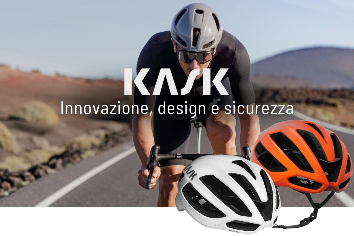 Cyclist riding on an open road with KASK logo overlay and two road cycling helmets (white and orange) in the foreground