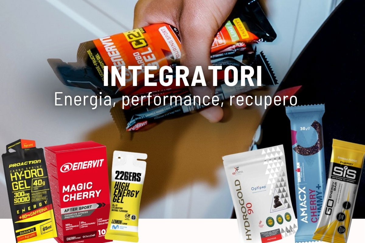 Hand holding energy gel sachets over sports supplement packs and bars, promoting energy and recovery