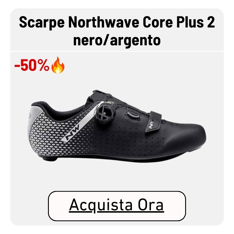 Black and silver Northwave Core Plus 2 cycling shoe, side view showing BOA dial and strap, displayed with -50% discount