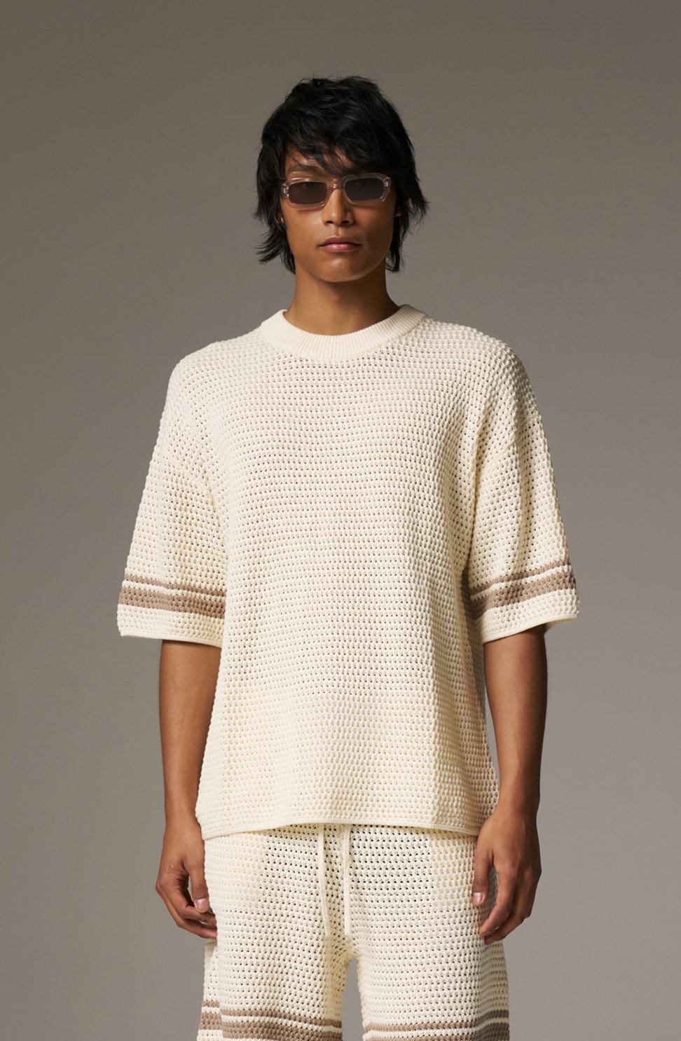 CROCHET KNITTED STRIPE T-SHIRT