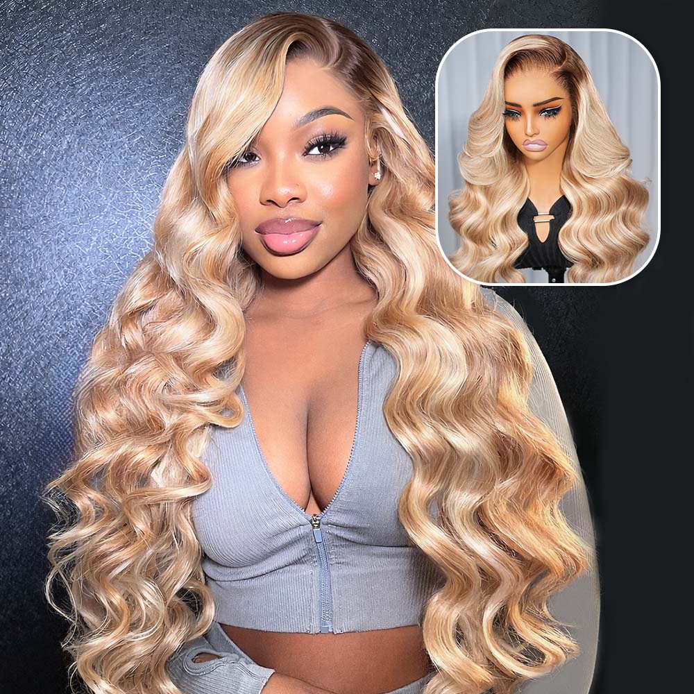 Megalook 13x6 Three-Go™ Ash Blonde Highlight Glueless Wigs Body Wave With Drawstring 100% Human Hair Wig - 6x5 Pre-cut Lace / 10 (Bob)