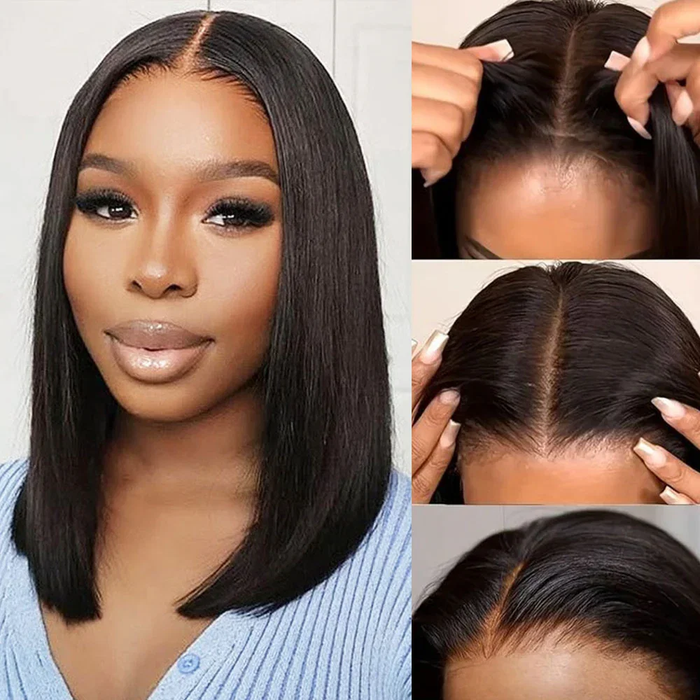 Megalook Flash Sale Straight 6 Inches Deep Part Wigs $75 Final Deal Stocks Bob Wig Pre-Cut Lace - Natural Black Bob 12"
