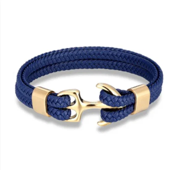 Image of Canyon Lake Leather Rope Chain Anchor Bracelet, Navy / Gold