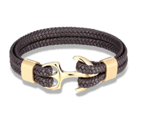 Image of Canyon Lake Leather Rope Chain Anchor Bracelet, Dark Brown / Gold