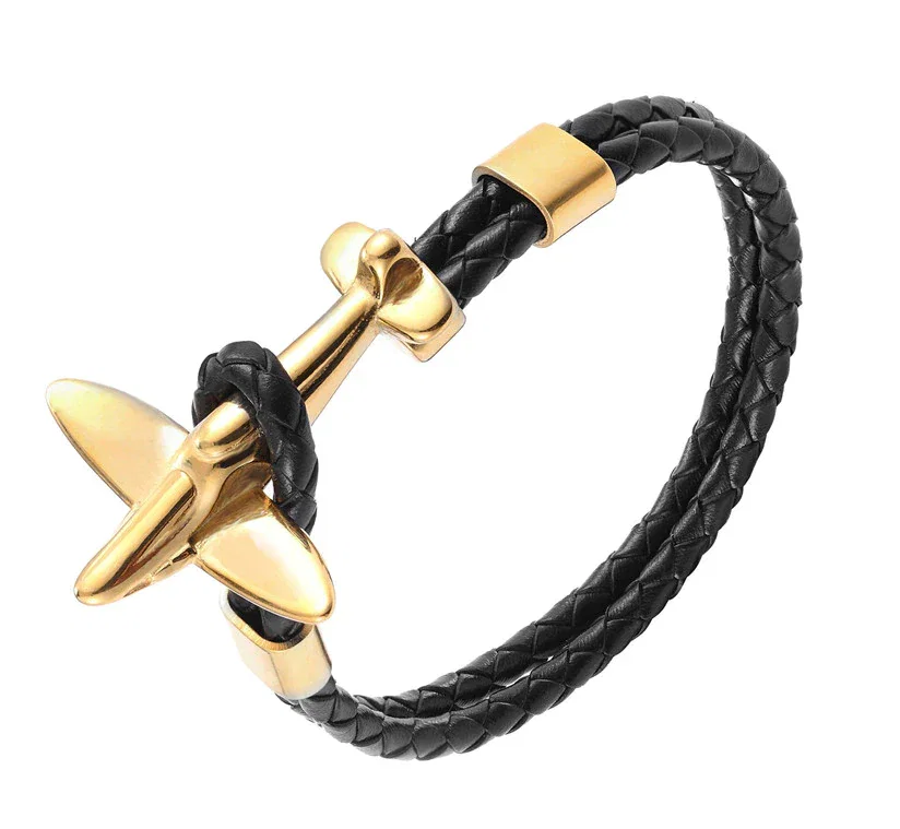 Image of Agoura Hills Leather Rope Chain Airplane Bracelet, Black / Gold