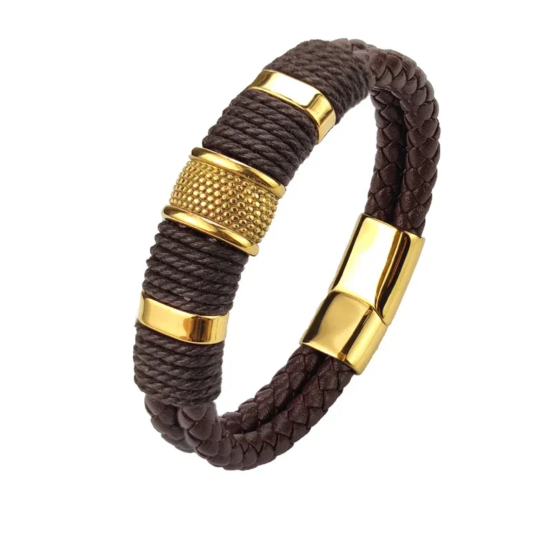 Image of Glendale Brown Leather & Gold Stainless Steel Bracelet