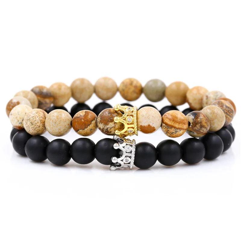 Image of Santa Cruz Stackable Beaded Crown Bracelets, Cream & Brown / Black