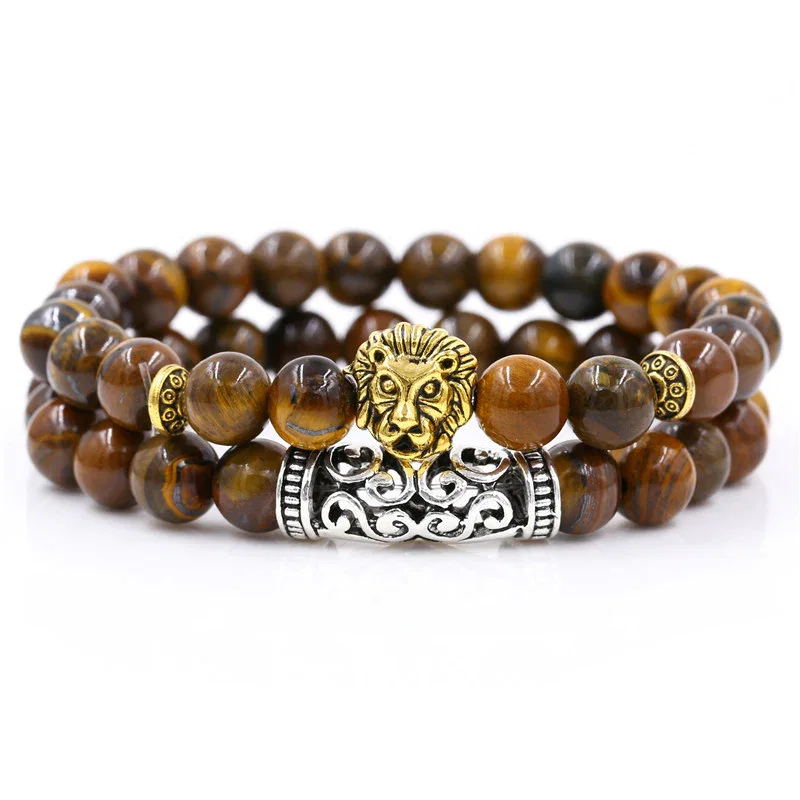 Image of Burbank Gold Lion Brown Stackable Tiger Eye Beaded Bracelets
