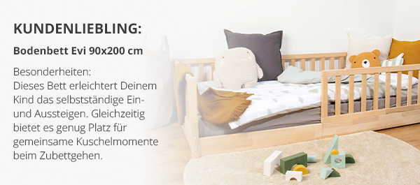 Kunden-Liebling: Bodenbett Evi 90x200 cm  Dieses Bett erleichtert Deinem Kind das selbstständige Ein- und Aussteigen. Gleichzeitig bietet es genug Platz für gemeinsame Kuschelmomente beim Zubettgehen. - Besonders praktisch: Später lässt sich das Bett ganz einfach zum Kindersofa oder Jugendbett umbauen.