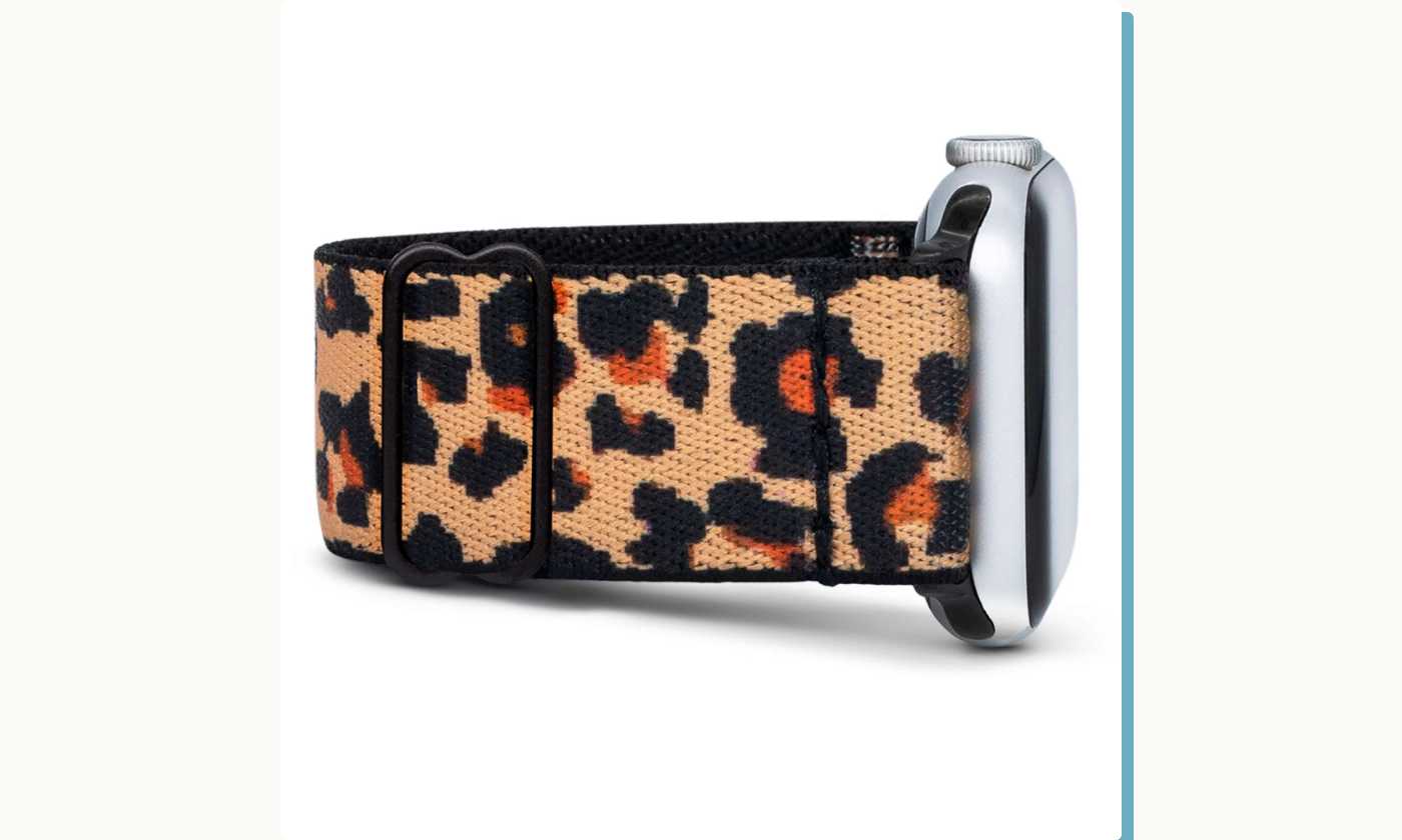 Close-up of the Leopard Stretchy Band on an Apple Watch.