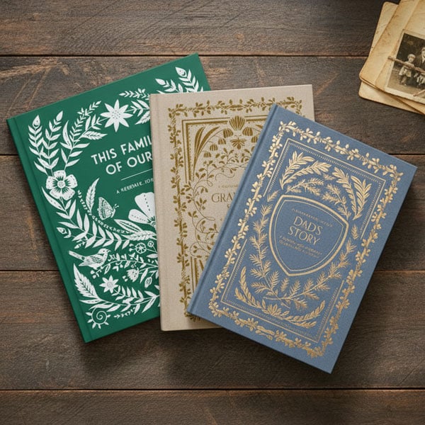 Three hardcover books with ornate botanical designs and titles about family history and stories are displayed on a wooden surface next to some old photographs.