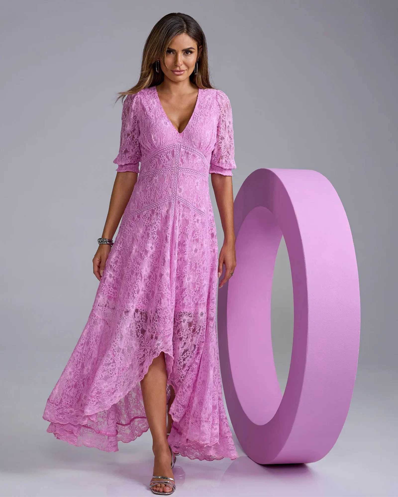 Image of Lace High Low Puff Sleeve Maxi Dress Orchid