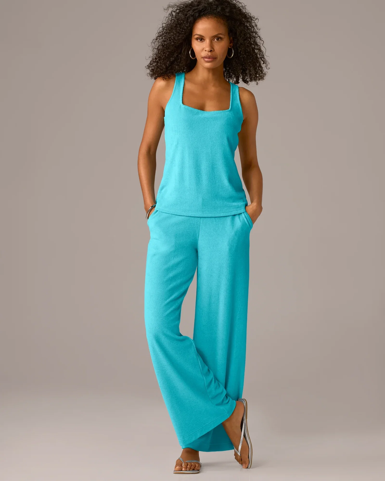 Image of Beach Terry Square Neck and Wide Leg Pant Set Capri