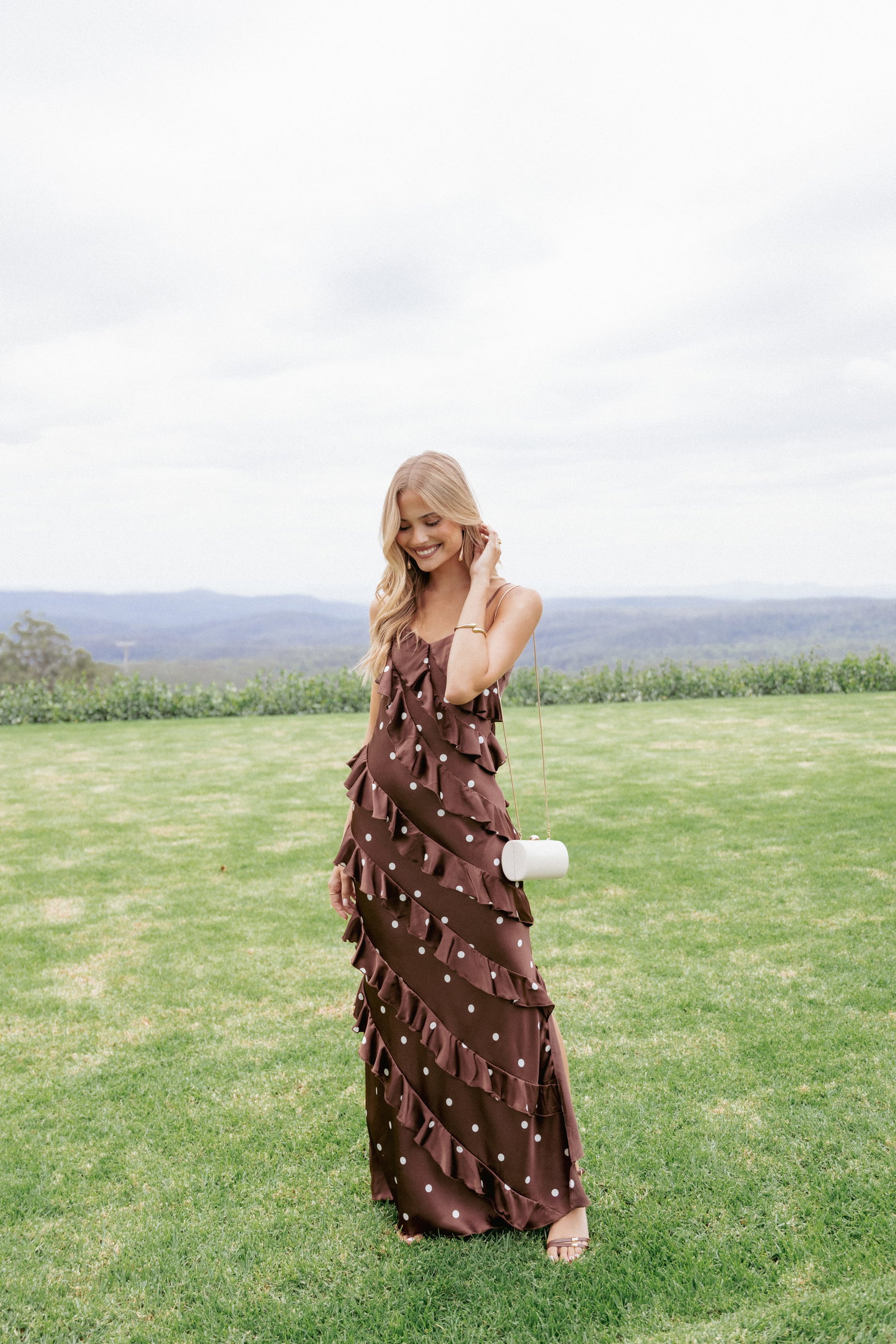 Image of Ciao Ruffles Maxi Satin Dress - Brown Polka Dot