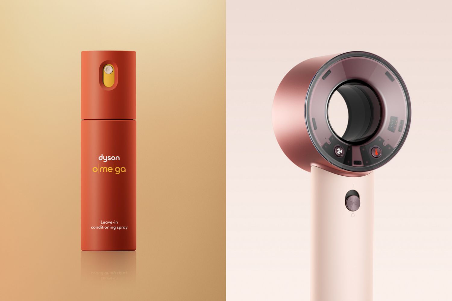 Dyson Omega leave-in conditioning spray next to the Dyson Supersonic Travel hair dryer.