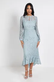 Petite Lace High Neck Ruffle Midi Dress