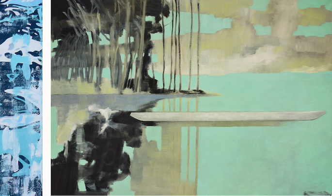 Boat on lake painting