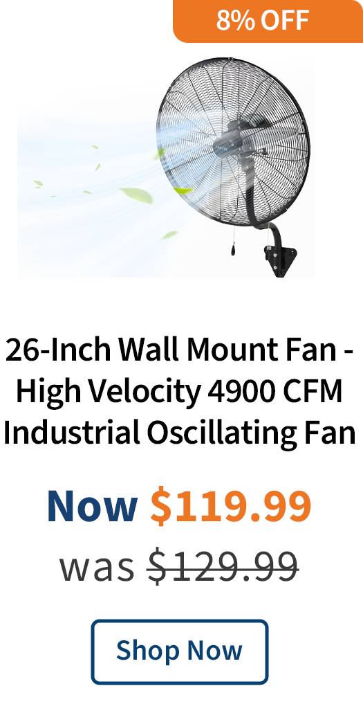26-Inch Wall Mount Fan - High Velocity 4900 CFM Industrial Oscillating Fan