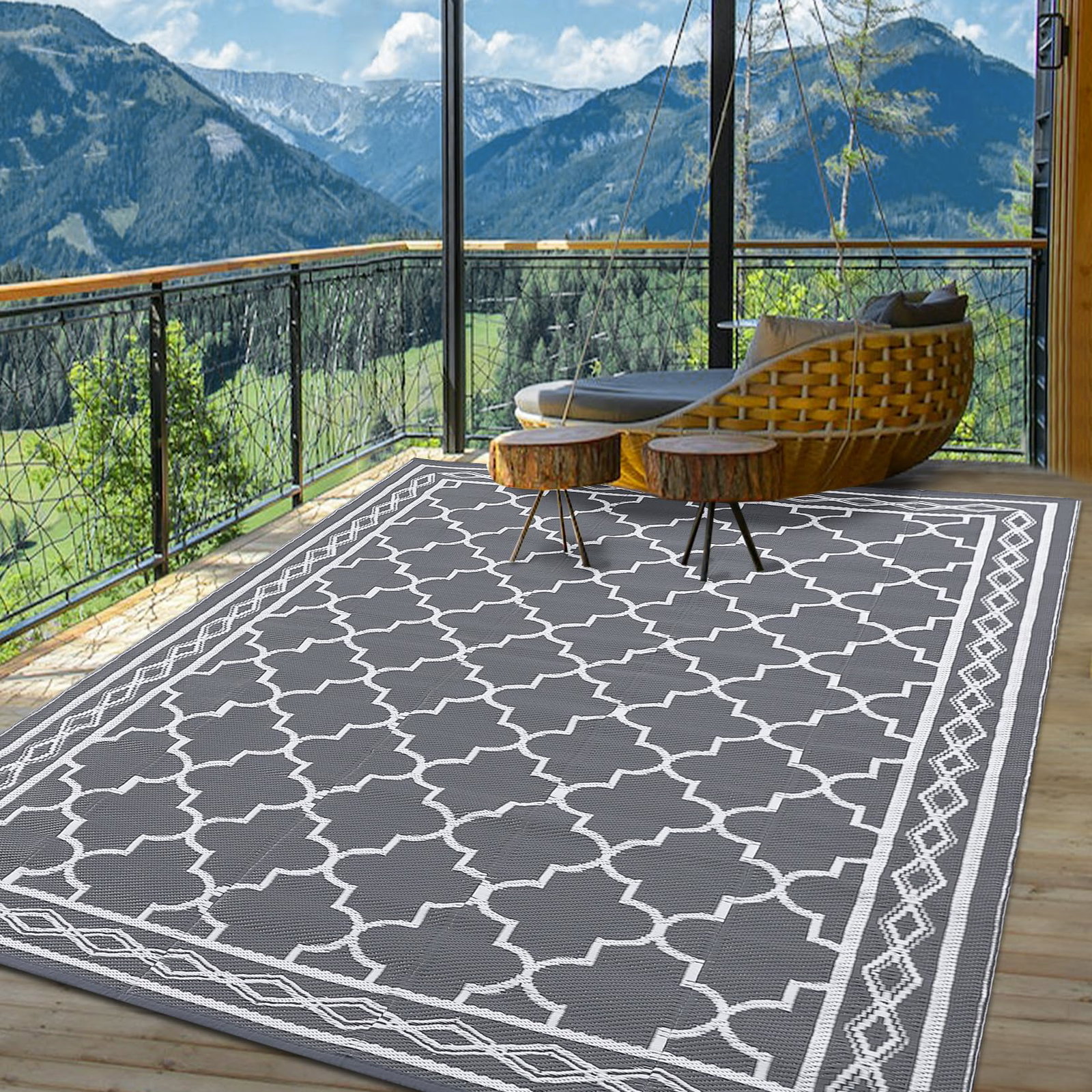 Image of Outdoor Grey 10x20 Rug Reversible Waterproof Lightweight Polypropylene UV Fade Resistant Patio