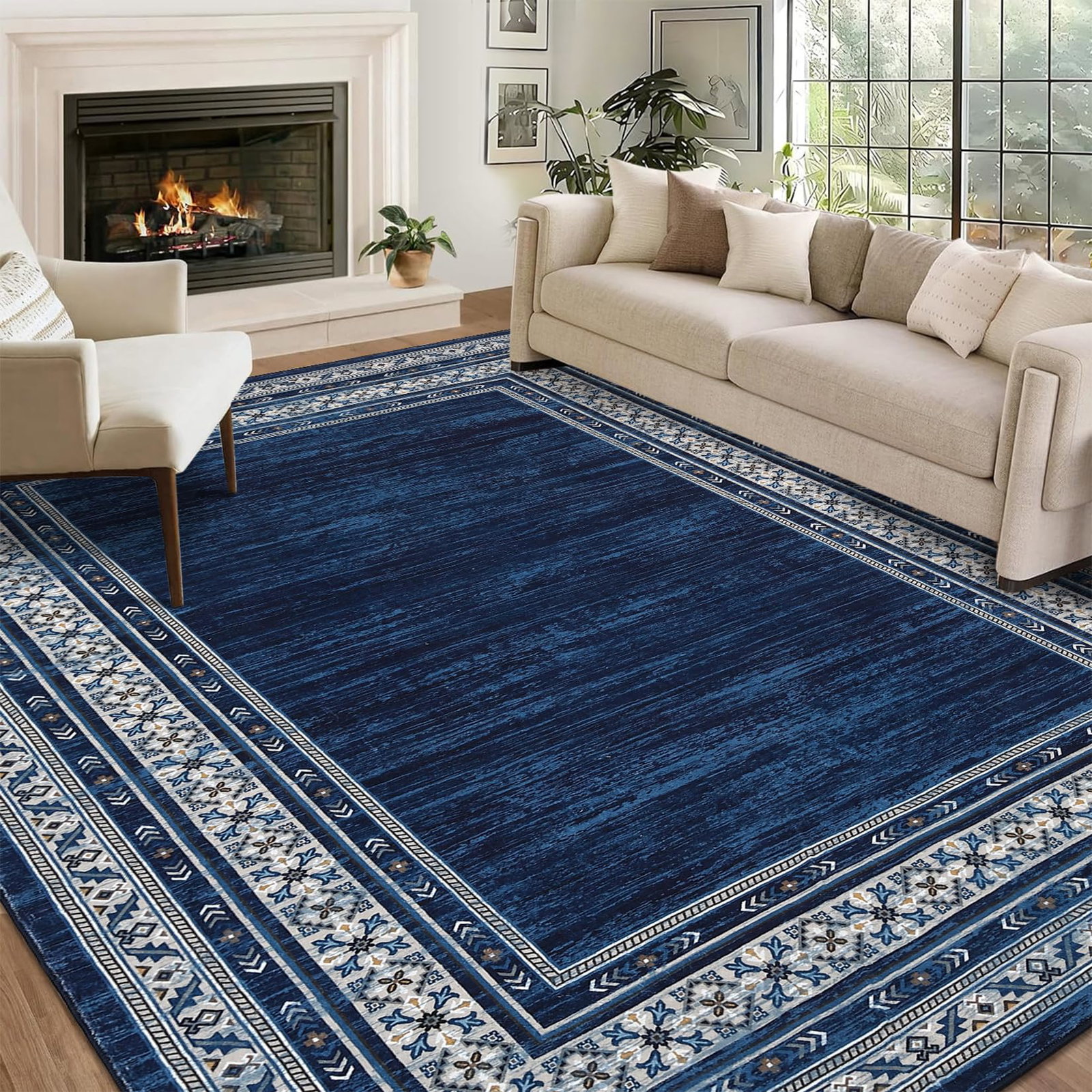 Image of Bordered Navy Blue 10x13 Washable Rug, Non Slip Soft Carpet
