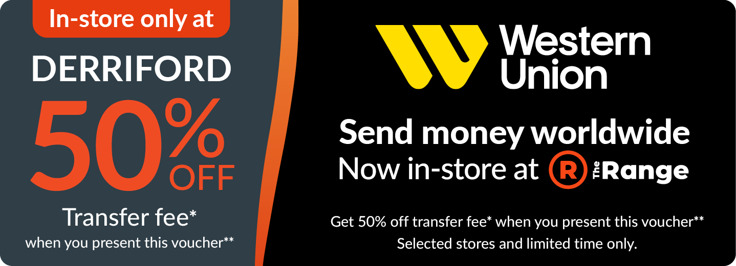 Western Union. in-store only at derriford. 50% off transfer fee with this voucher