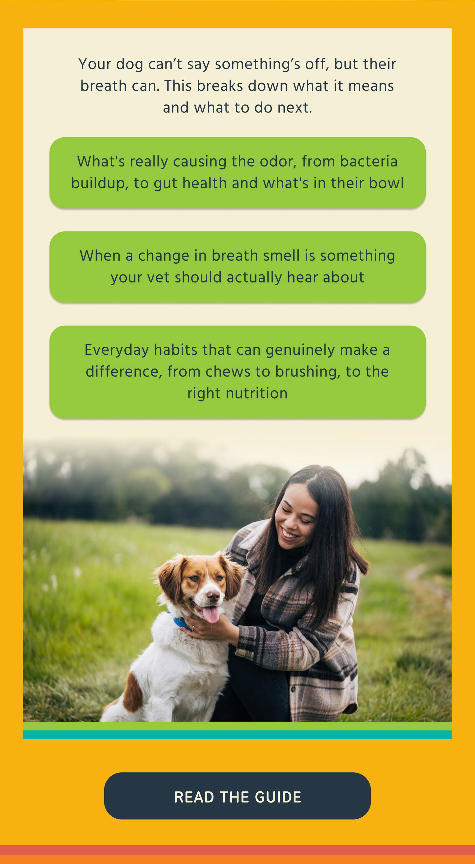 Your dog can’t say something’s off, but their breath can. This breaks down what it means and what to do next. What's really causing the odor, from bacteria buildup, to gut health and what's in their bowl When a change in breath smell is something your vet should actually hear about Everyday habits that can genuinely make a difference, from chews to brushing, to the right nutrition Read The Guide