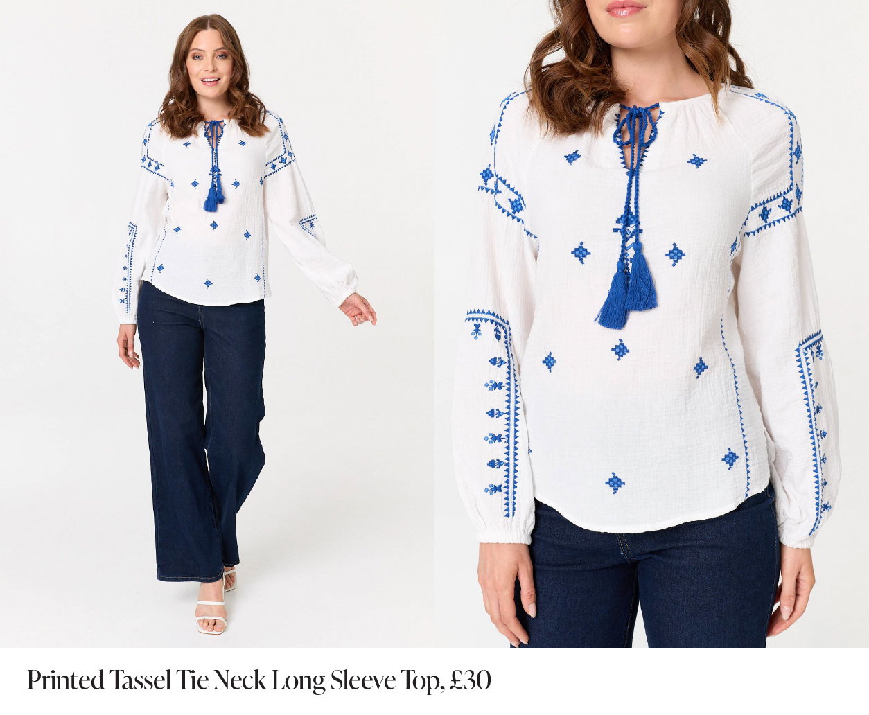 Printed Tassel Tie Neck Long Sleeve Top | Shop Now