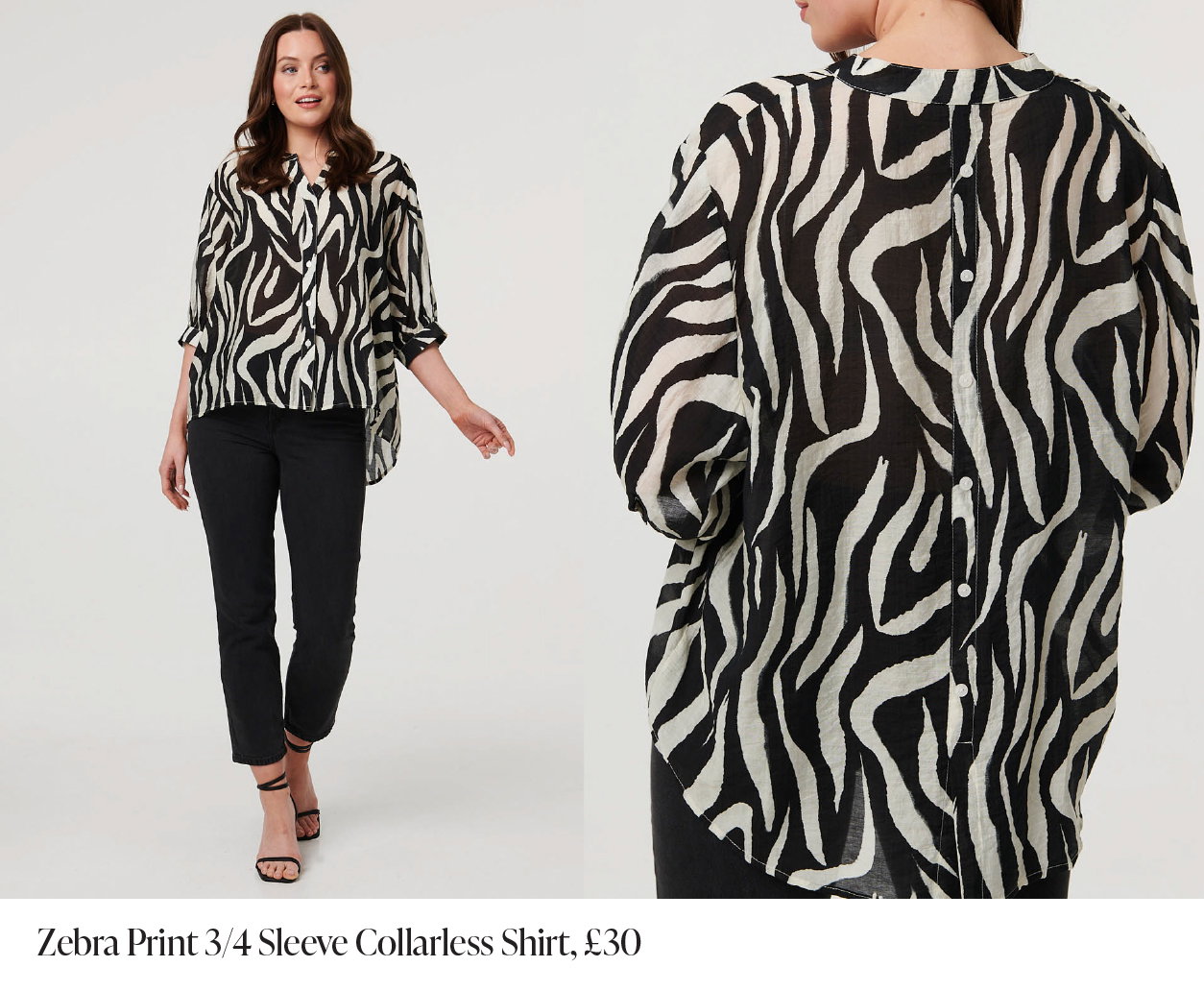 Zebra Print 3/4 Sleeve Collarless Shirt | Shop Now