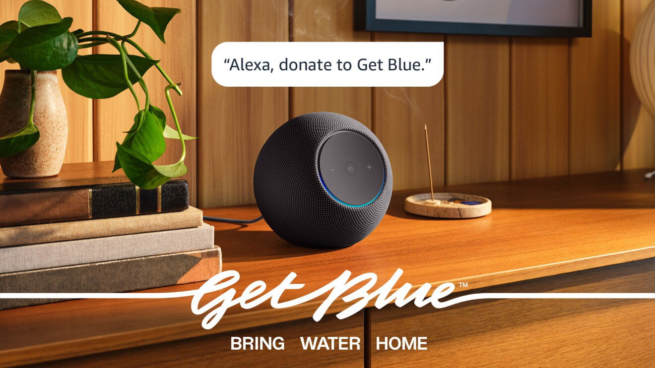Amazon Echo device with the text "Alexa, donate to Get Blue"