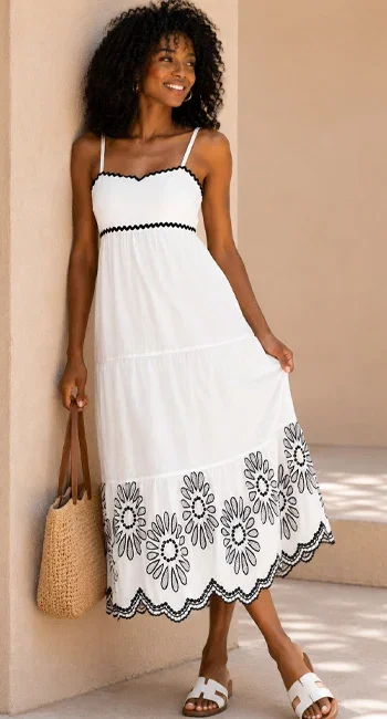 Women's Cotton Embroidered Midi Dress - Classic Black And White A-Line Sundress With Contrast Trim, Perfect For Vacation