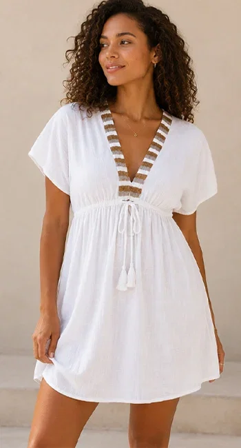 Club Moda Women's White Mini Dress – Boho Resort Beach Vacation Sundress