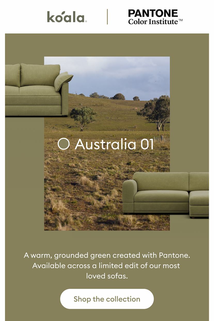 Introducing Australia 01. A warm, grounded green created with Pantone. Available across a limited edit of our most  loved sofas.
