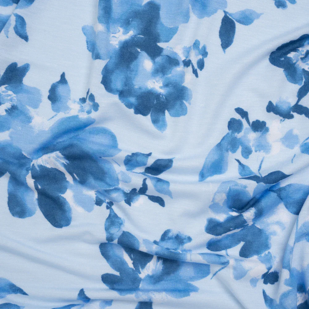 Image of Stretch Rayon Jersey Print - Blue Tonal Watercolor Floral - Deadstock