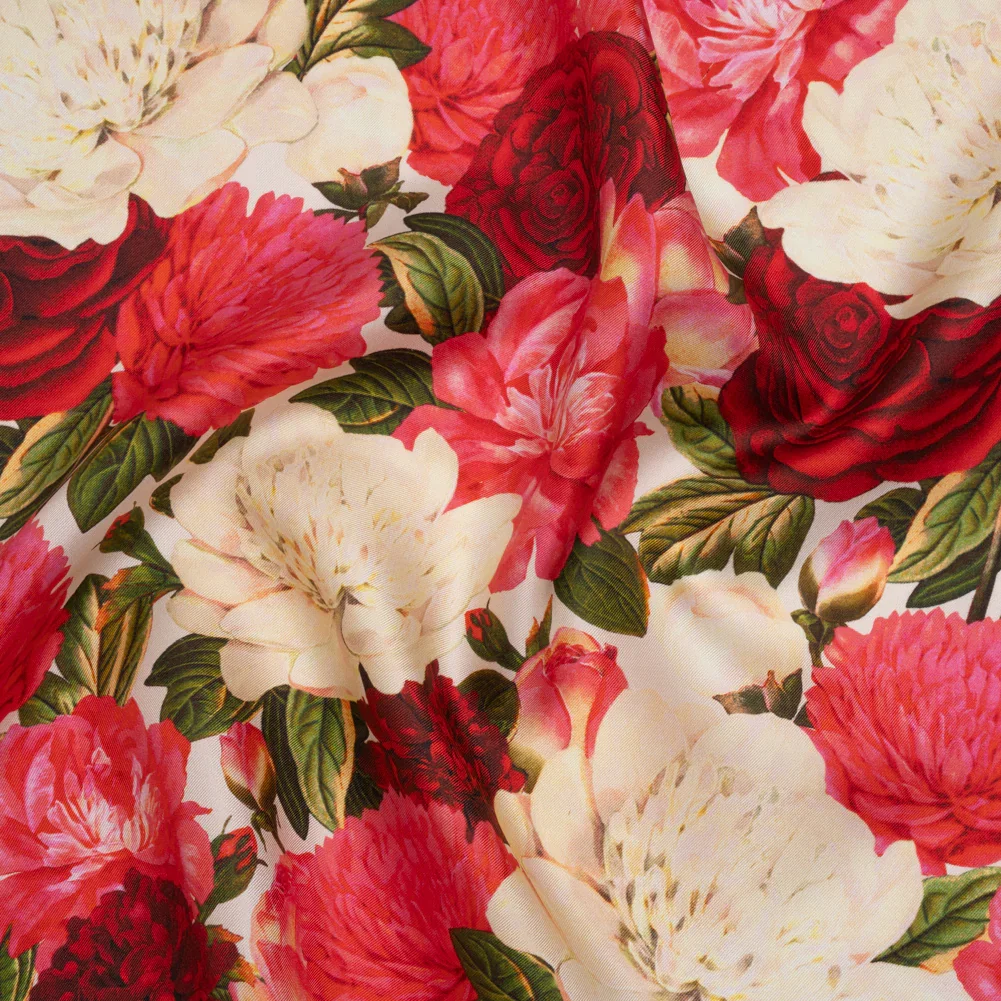 Image of Silk Twill Print - Pink, Red and Ivory Roses - Famous Australian Designer Deadstock
